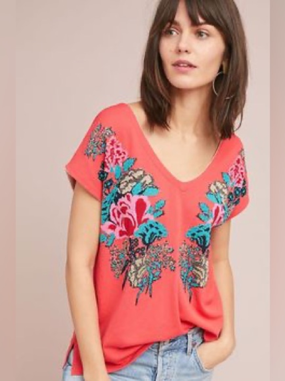Anthropologie NWT Floral Embroidered V-Neck Top oversized size XS fits like S